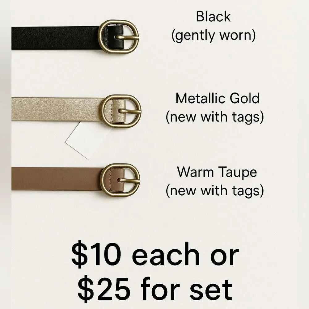 Set of 3 Belts | Faux Leather | Gold, Brown & Black | Gold Buckles | Size Small